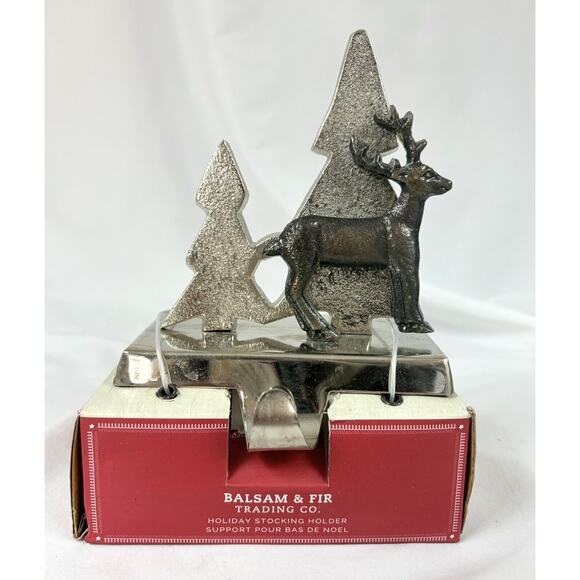 Balsam & Fir Christmas Holiday Stocking Holder Silver Tone Trees Bronze Deer - Picture 1 of 3